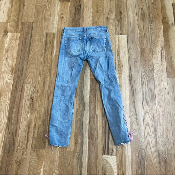 Anthro Pilcro and the Letterpress Floral Lace Up Raw Hem Slim Straight Jeans 30 - Picture 3 of 15